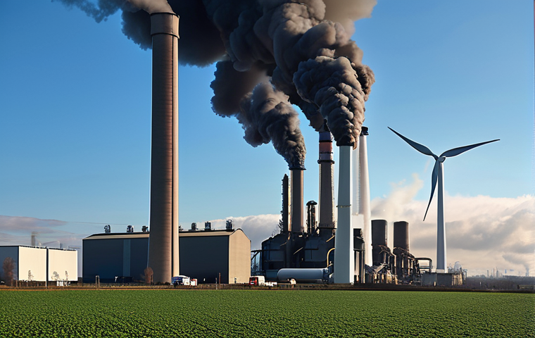 **

A futuristic steel factory in Germany, powered by giant wind turbines. Green hydrogen electrolysis units are visibly connected to the factory. The factory emits only water vapor, contrasting sharply with the dark smoke billowing from a traditional coal-powered steel mill in the background. Emphasize the clean and modern aesthetic of the hydrogen-powered factory.

**