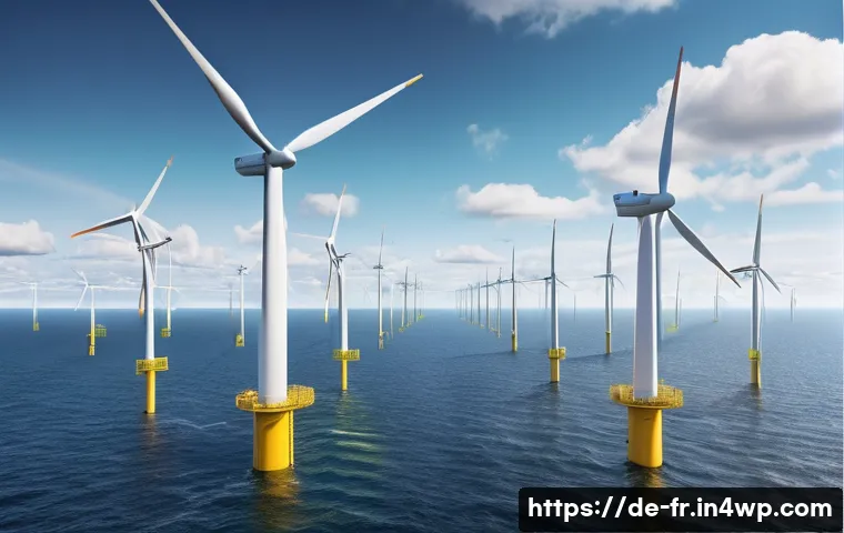 전국적인 그린 수소 전략 비교 - A detailed and realistic illustration of a modern offshore wind farm in the North Sea, featuring mul...