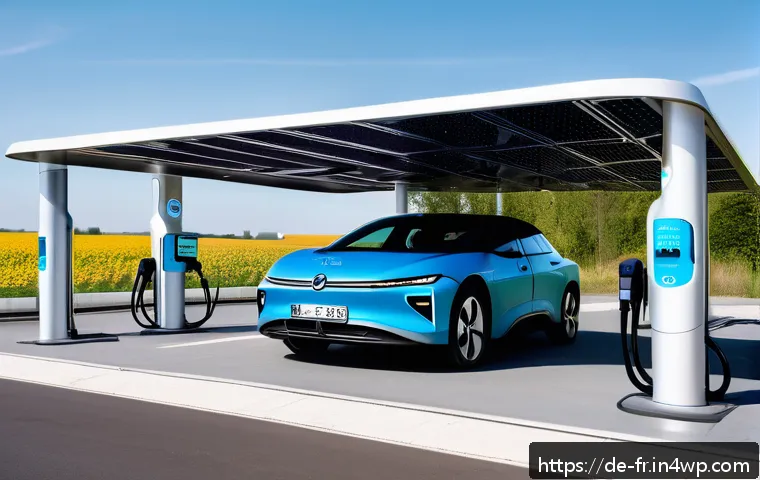 그린 수소와 수소차의 미래 - A futuristic German hydrogen fueling station scene at a sunny daytime, showcasing a sleek hydrogen f...