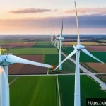 Home 18 그린 수소와 재생 가능 에너지의 관계 - A modern German wind farm landscape near the North Sea coast during sunset, featuring large white wi...