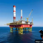 Home 23 그린 수소의 해양 에너지 활용 가능성 - A detailed offshore wind farm at sea during daytime, featuring modern PEM electrolyzers installed on...