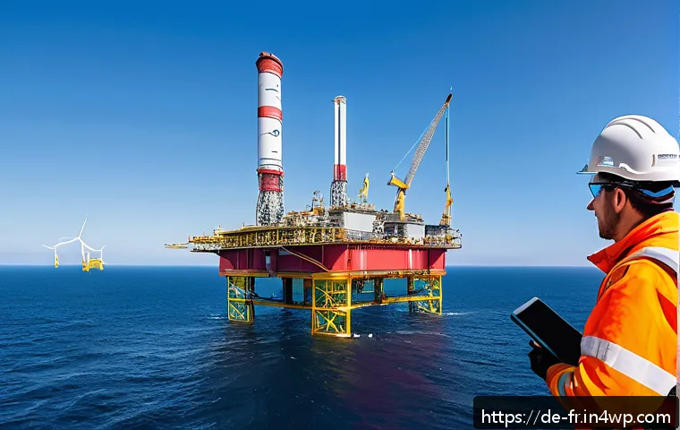그린 수소의 해양 에너지 활용 가능성 - A detailed offshore wind farm at sea during daytime, featuring modern PEM electrolyzers installed on...