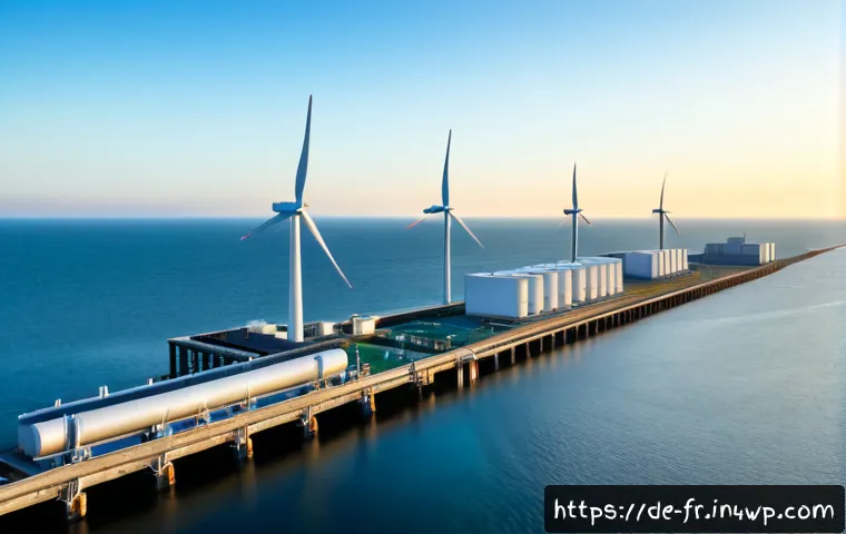 해양 에너지를 활용한 그린 수소 생산 - Photorealistic wide coastal scene in northern Germany, offshore wind turbines and gentle tidal curre...