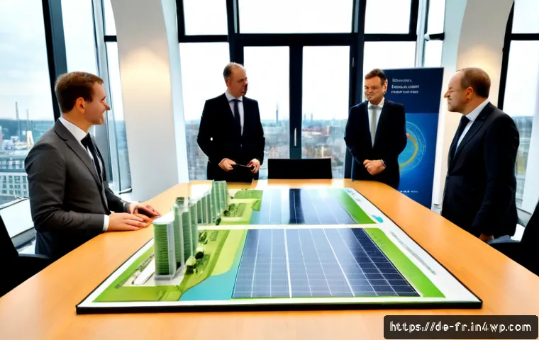 그린 수소 프로젝트 투자 유치 전략 - Photorealistic clean-energy investment meeting in a modern Frankfurt boardroom, diverse German and E...