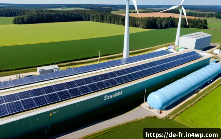지속 가능한 패러다임으로서의 그린 수소 - Photorealistic wide-angle view of a modern green hydrogen production facility in the German countrys...